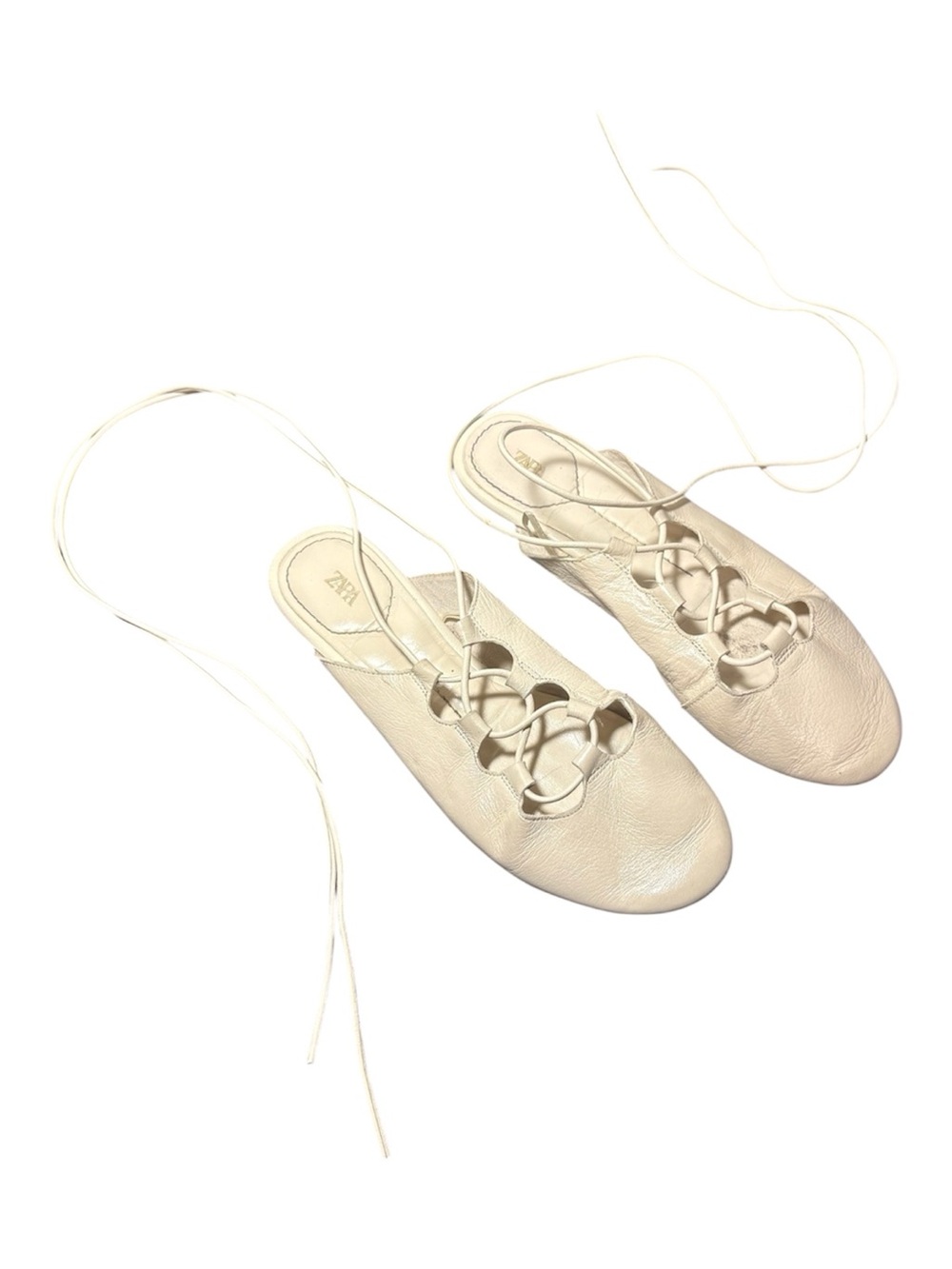 ZARA Cream Leather Lace-Up Flat Sandals